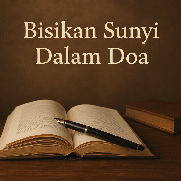 “Buku terbuka dengan pena hitam di atas meja kayu, berlatar nuansa cokelat hangat dengan tulisan ‘Bisikan Sunyi Dalam Doa’.”