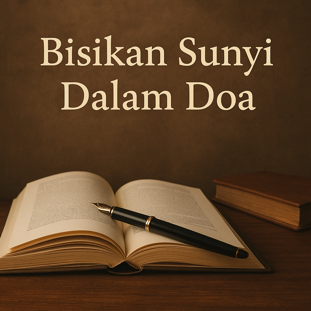 “Buku terbuka dengan pena hitam di atas meja kayu, berlatar nuansa cokelat hangat dengan tulisan ‘Bisikan Sunyi Dalam Doa’.”