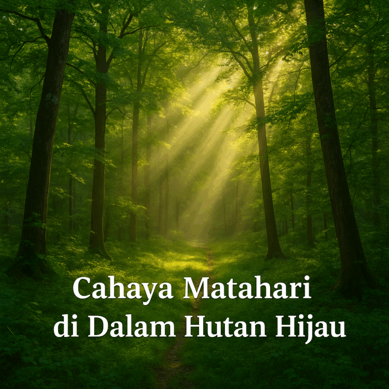 Cahaya matahari menembus pepohonan hutan hijau dengan judul di tengah gambar.