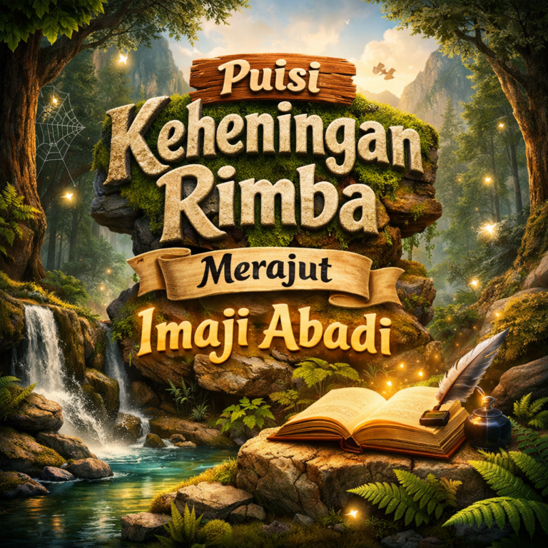 Ilustrasi 3D puisi keheningan rimba dengan hutan sunyi, sungai jernih, dan buku terbuka yang memancarkan imaji alam puitis
