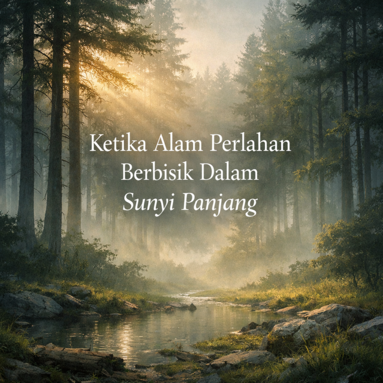 puisi tentang alam dengan ilustrasi hutan berkabut dan suasana sunyi